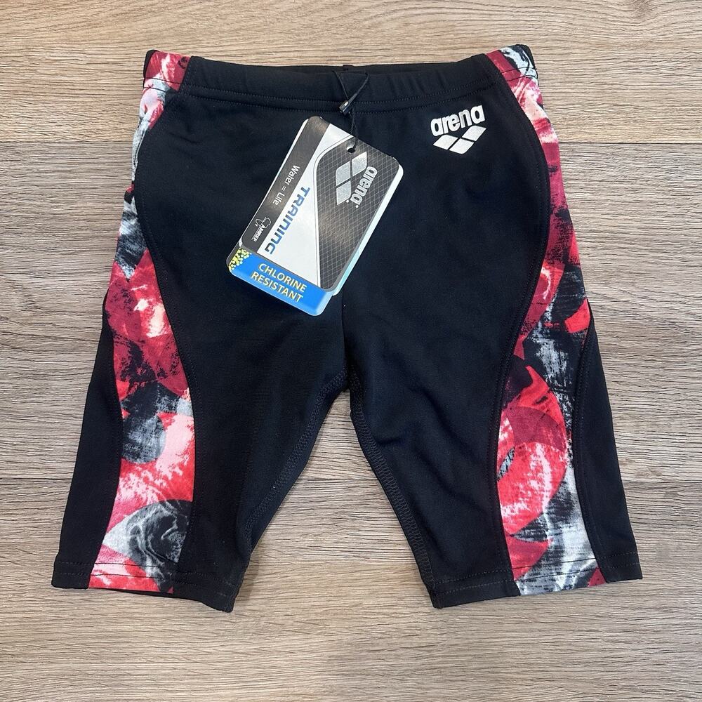 Arena NWT Boys Stormy Swim Jammer Youth 22 Black Red Training Swimsuit Shorts